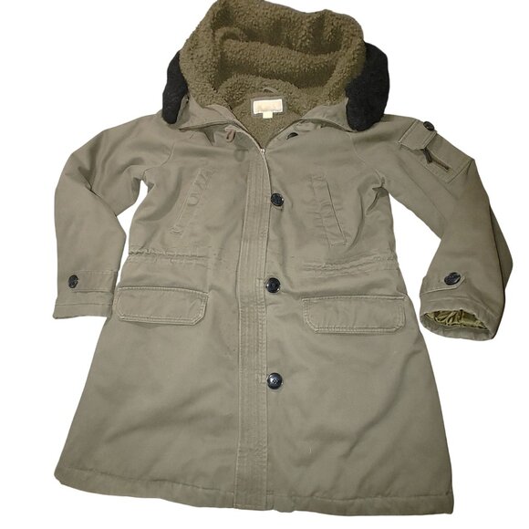 Michael Kors Hooded Parka Coat Size Large Olive Faux Fur Trim Sherpa Lining - Picture 9 of 14